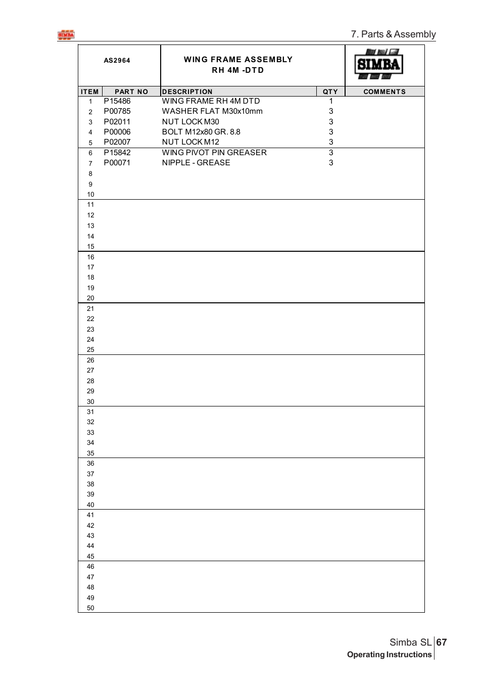 Parts & assembly 67 simba sl | Great Plains Simba SL 2008 Assembly Instructions User Manual | Page 33 / 156