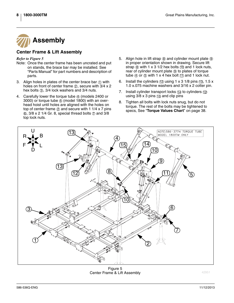 Assembly, Center frame & lift assembly | Great Plains 3000TM Assembly Manual User Manual | Page 12 / 64