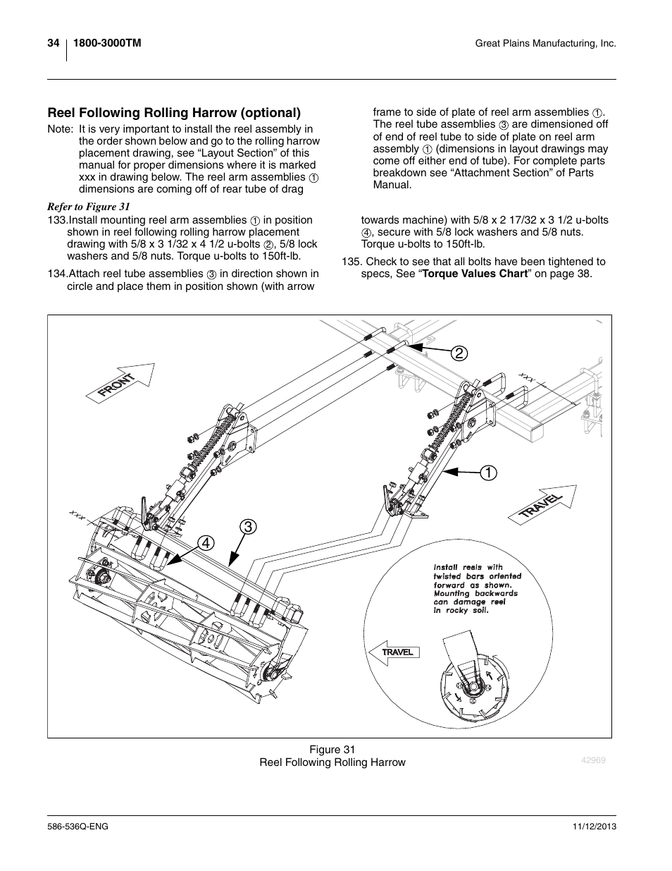 Reel following rolling harrow (optional) | Great Plains 3000TM Assembly Manual User Manual | Page 38 / 64
