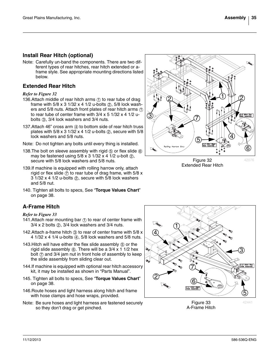 Install rear hitch (optional), Extended rear hitch, A-frame hitch | Great Plains 3000TM Assembly Manual User Manual | Page 39 / 64