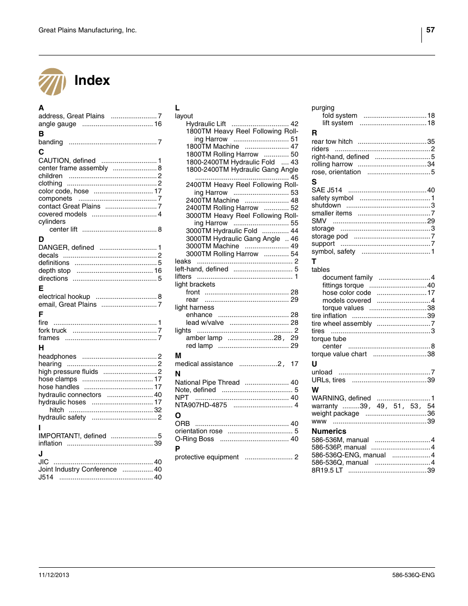 Index | Great Plains 3000TM Assembly Manual User Manual | Page 61 / 64