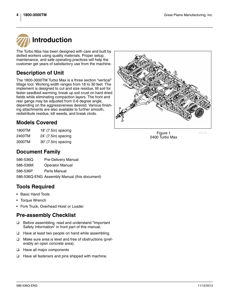 Introduction, Description of unit, Models covered | Document family, Tools required, Pre-assembly checklist, Models covered document family tools required | Great Plains 3000TM Assembly Manual User Manual | Page 8 / 64