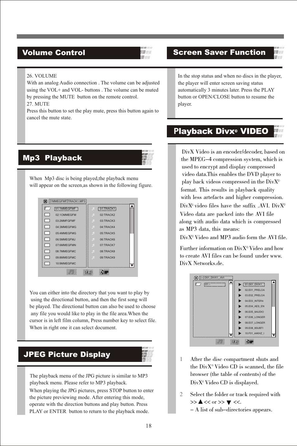 页 19, Playback divx video, Volume control | Mp3 playback, Screen saver function, Jpeg picture display | Beko DVD 2008 User Manual | Page 20 / 27