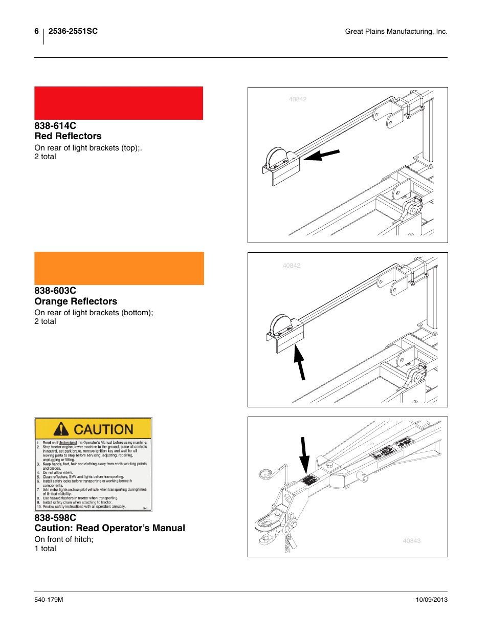 614c red reflectors, 603c orange reflectors, 598c caution: read operator’s manual | Great Plains 2551SC Operator Manual User Manual | Page 10 / 32