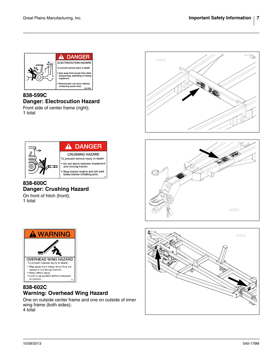 599c danger: electrocution hazard, 600c danger: crushing hazard, 602c warning: overhead wing hazard | Great Plains 2551SC Operator Manual User Manual | Page 11 / 32