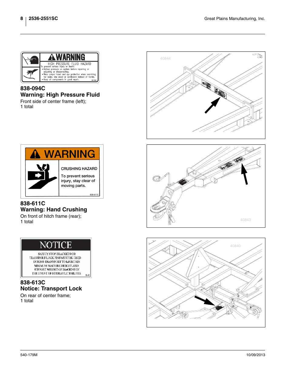 094c warning: high pressure fluid, 611c warning: hand crushing, 613c notice: transport lock | Great Plains 2551SC Operator Manual User Manual | Page 12 / 32