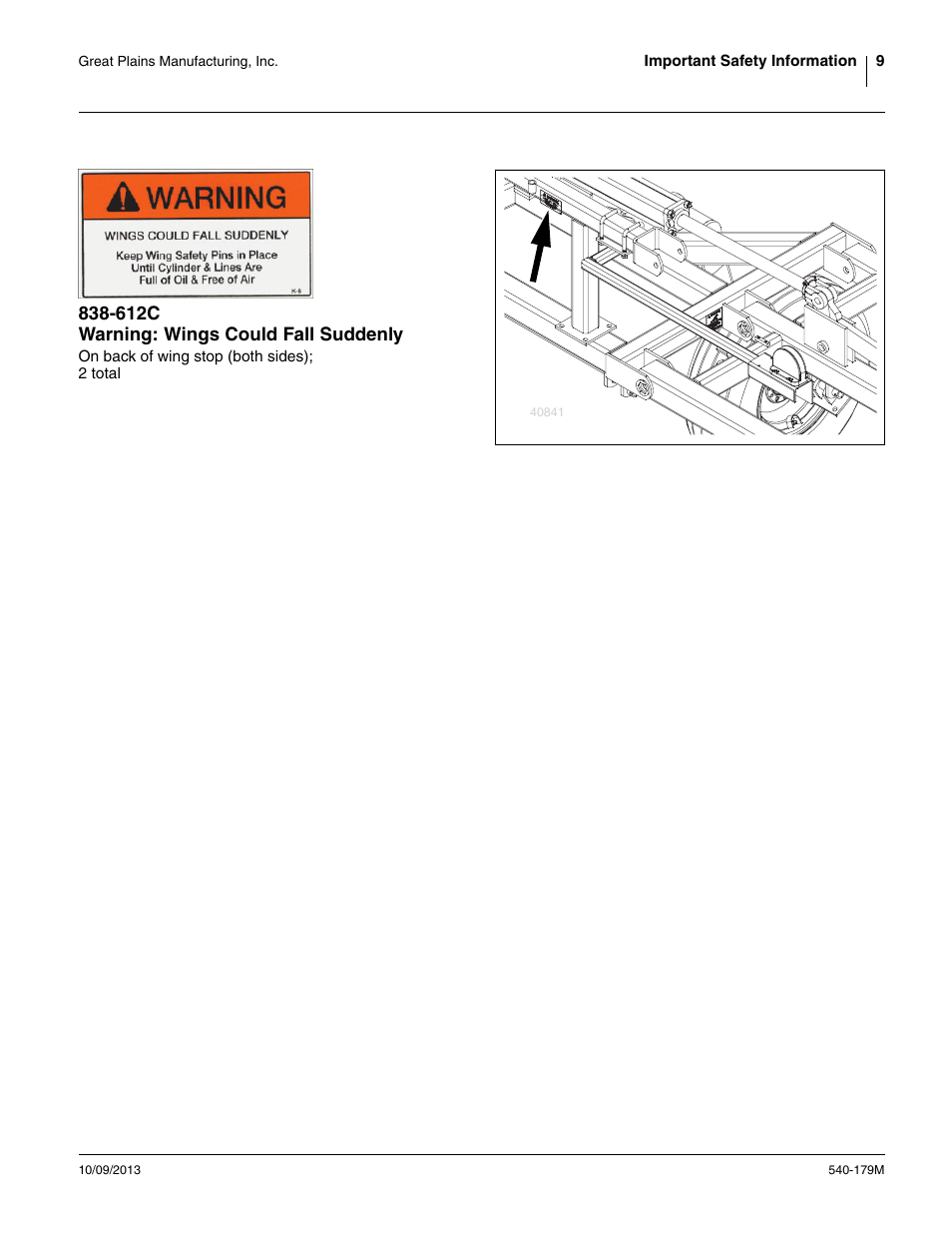 612c warning: wings could fall suddenly | Great Plains 2551SC Operator Manual User Manual | Page 13 / 32