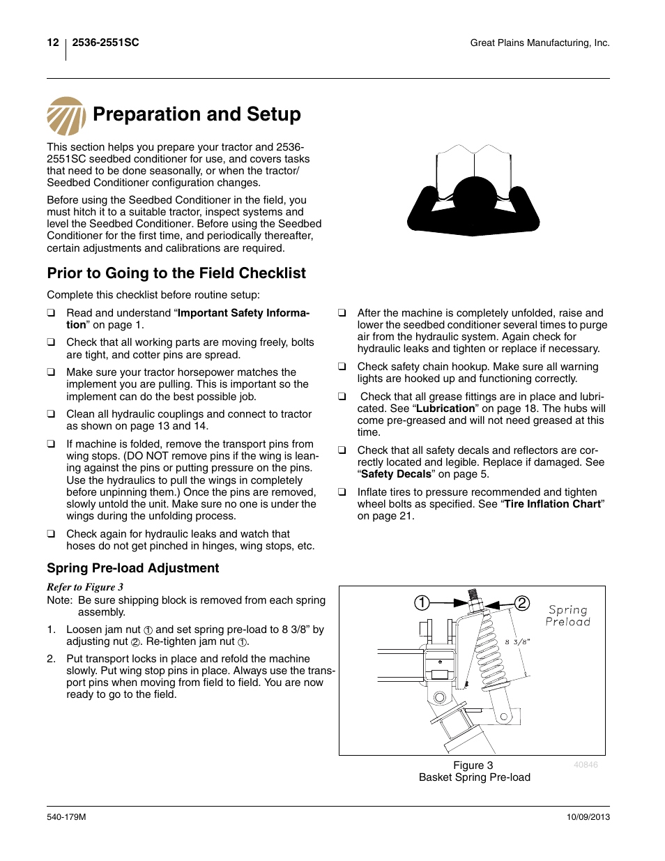 Preparation and setup, Prior to going to the field checklist, Spring pre-load adjustment | Great Plains 2551SC Operator Manual User Manual | Page 16 / 32