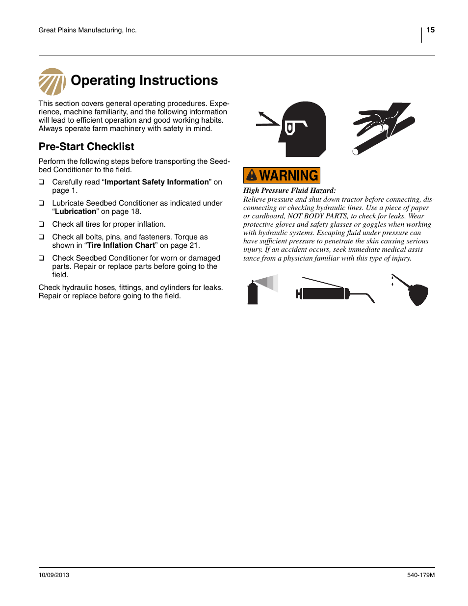 Operating instructions, Pre-start checklist, Operating instructions pre-start checklist | Great Plains 2551SC Operator Manual User Manual | Page 19 / 32
