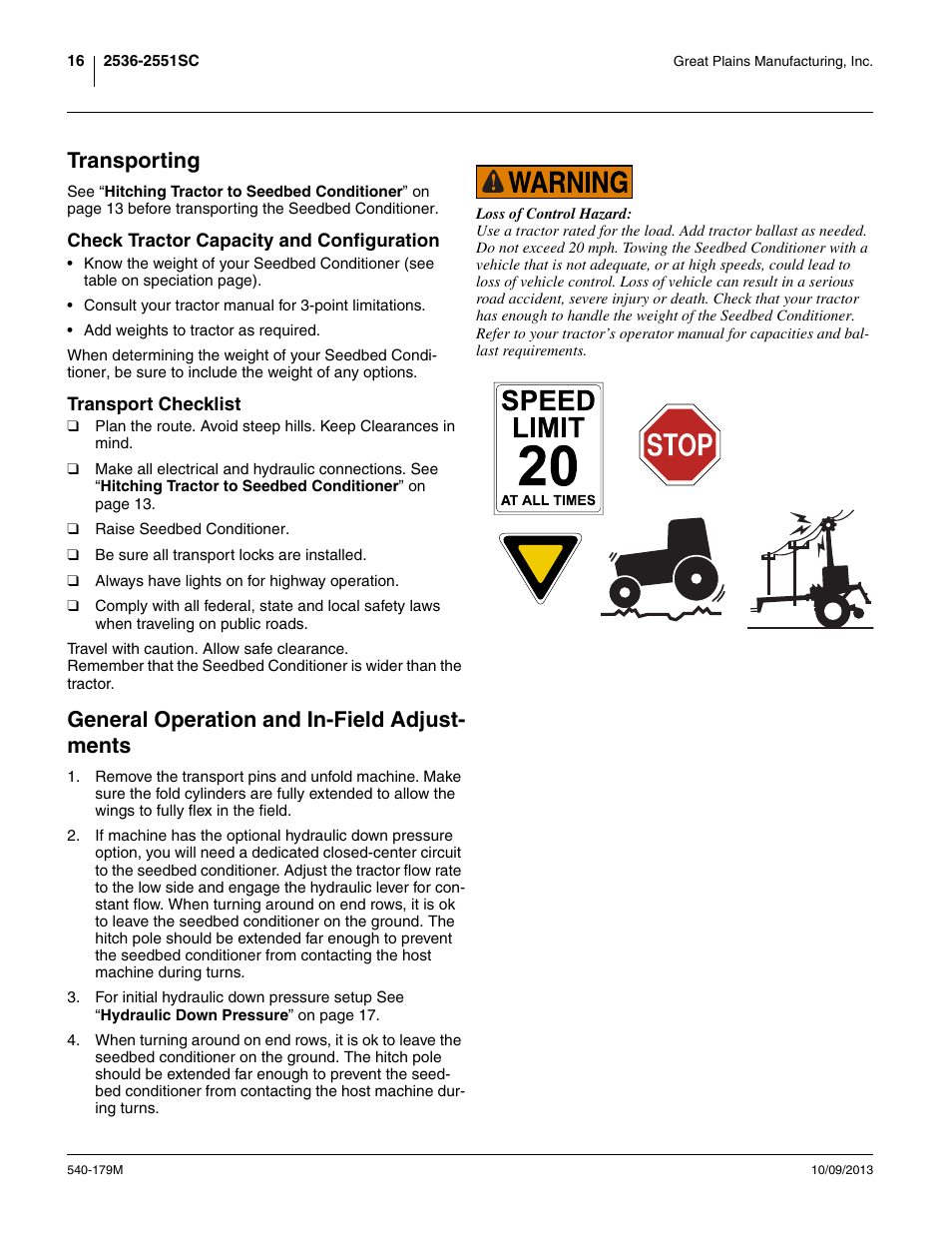 Transporting, Check tractor capacity and configuration, Transport checklist | General operation and in-field adjustments, General operation and in-field adjust- ments | Great Plains 2551SC Operator Manual User Manual | Page 20 / 32