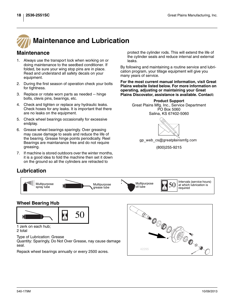 Maintenance and lubrication, Maintenance, Lubrication | Wheel bearing hub | Great Plains 2551SC Operator Manual User Manual | Page 22 / 32