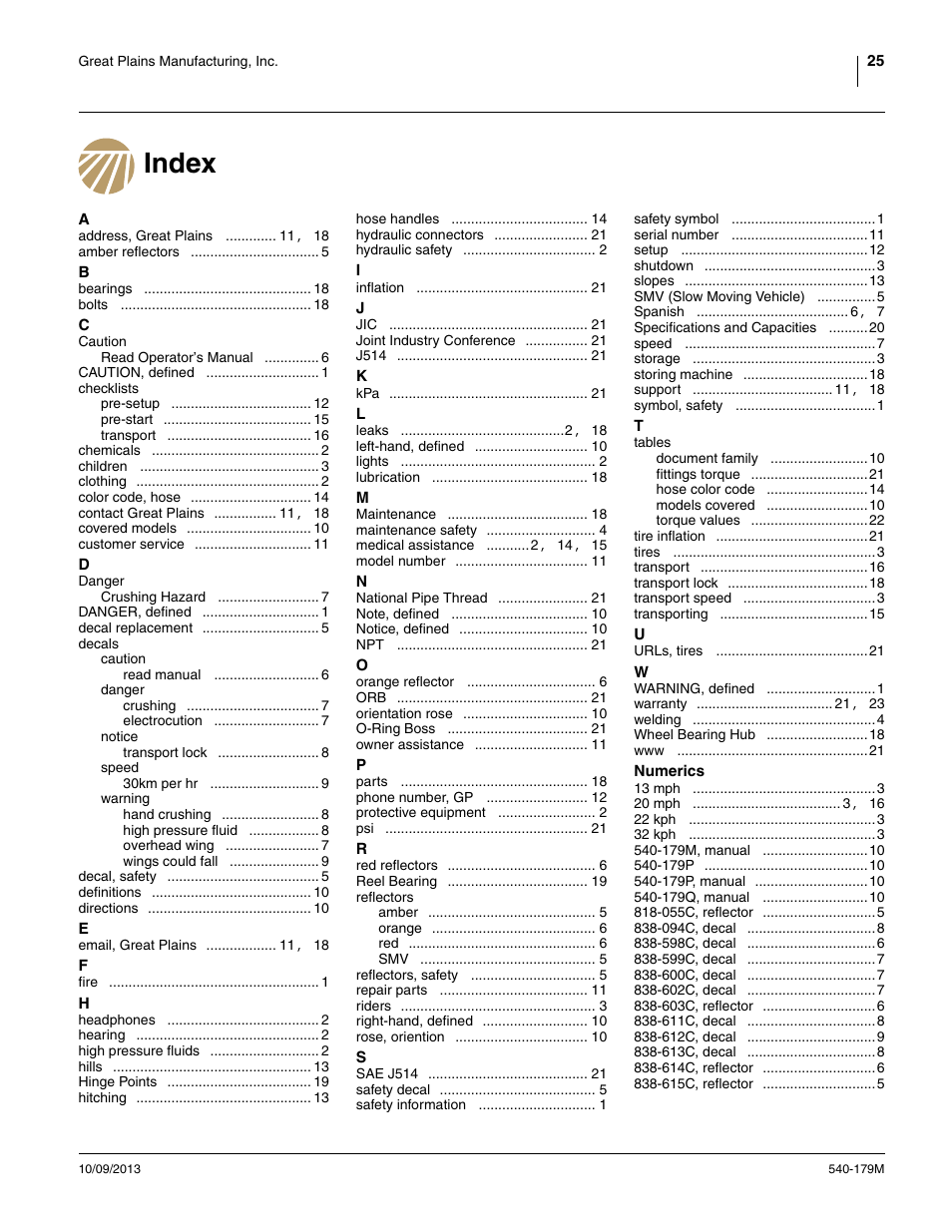 Index | Great Plains 2551SC Operator Manual User Manual | Page 29 / 32