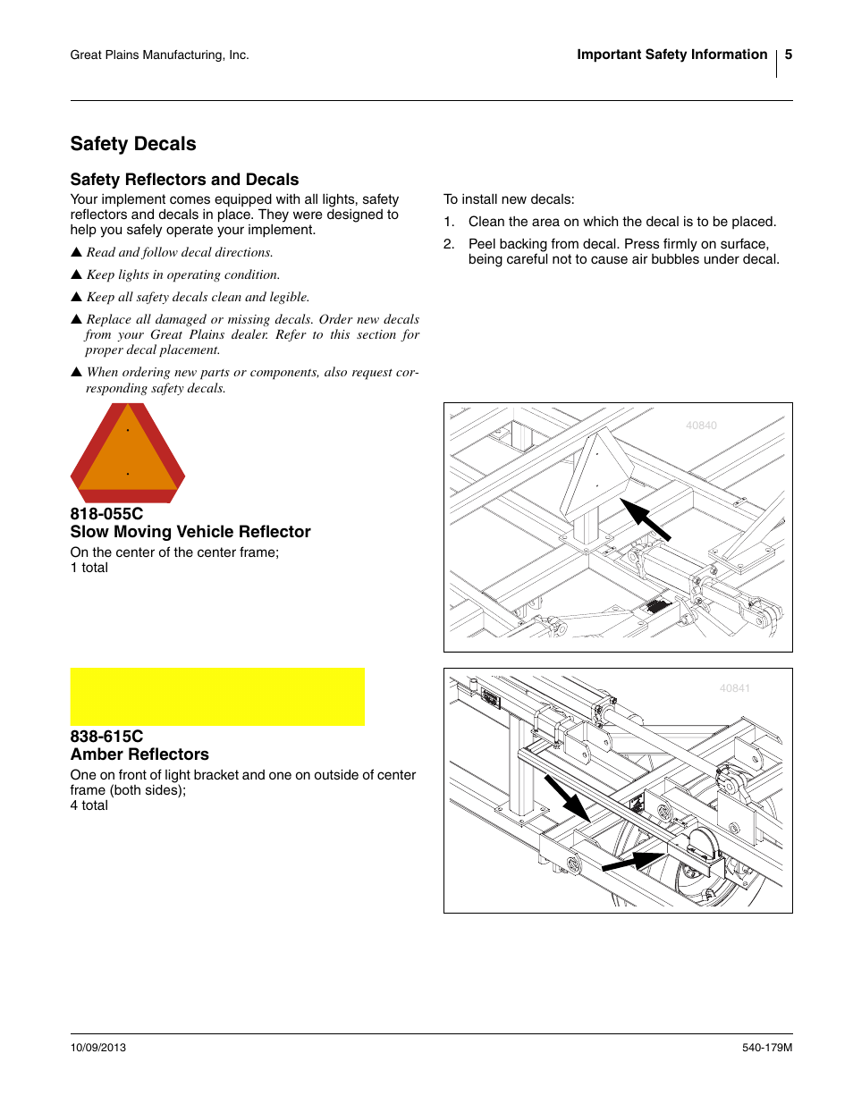 Safety decals, Safety reflectors and decals, 055c slow moving vehicle reflector | 615c amber reflectors | Great Plains 2551SC Operator Manual User Manual | Page 9 / 32