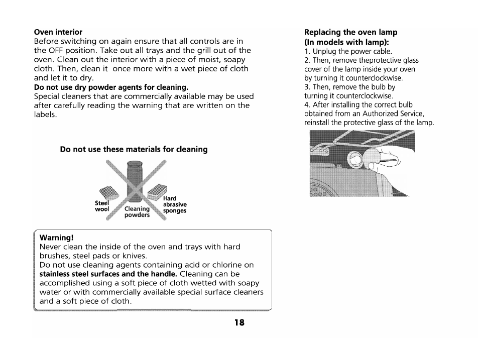 Oven interior, Do not use these materials for cleaning, Warning | Do not use dry powder agents for cleaning, Replacing the oven lamp (in models with lamp), Stainless steel surfaces and the handle | Beko D 6623 T User Manual | Page 21 / 25