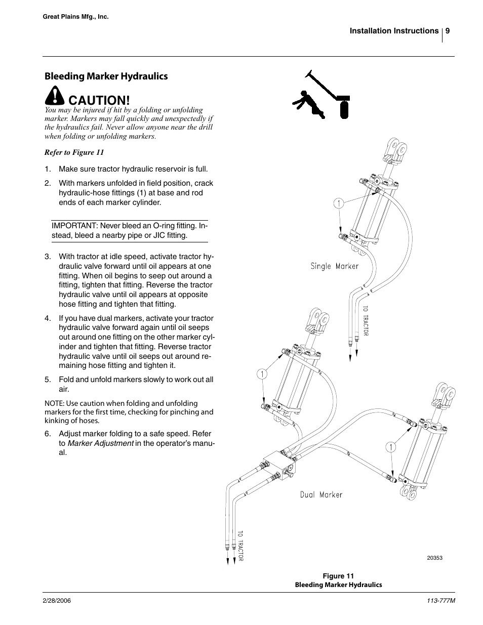 Caution, Bleeding marker hydraulics | Great Plains 3N-4020 Assembly Instructions User Manual | Page 9 / 15