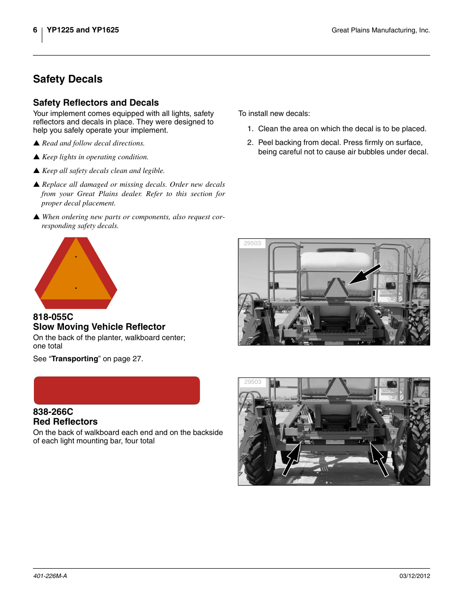 Safety decals, 055c slow moving vehicle reflector, 266c red reflectors | Safety reflectors and decals | Great Plains YP1625 Operator Manual User Manual | Page 10 / 150