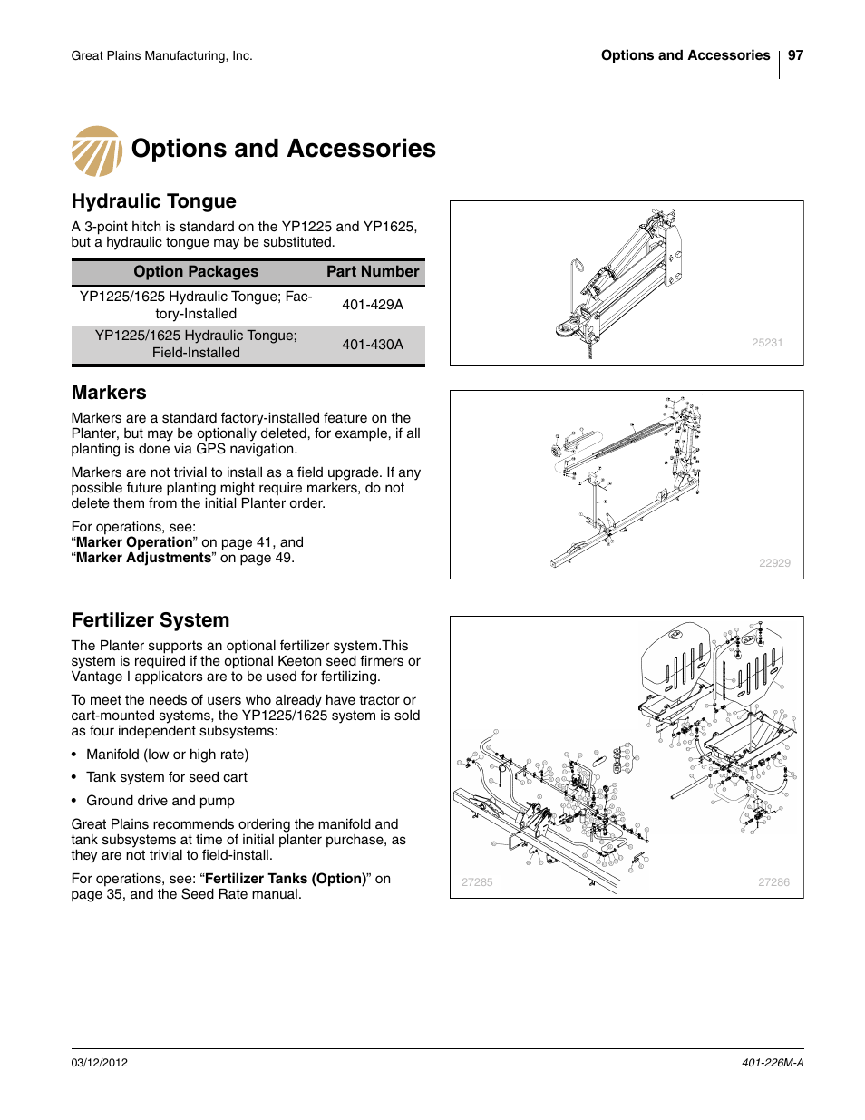 Options and accessories, Hydraulic tongue, Markers | Fertilizer system | Great Plains YP1625 Operator Manual User Manual | Page 101 / 150