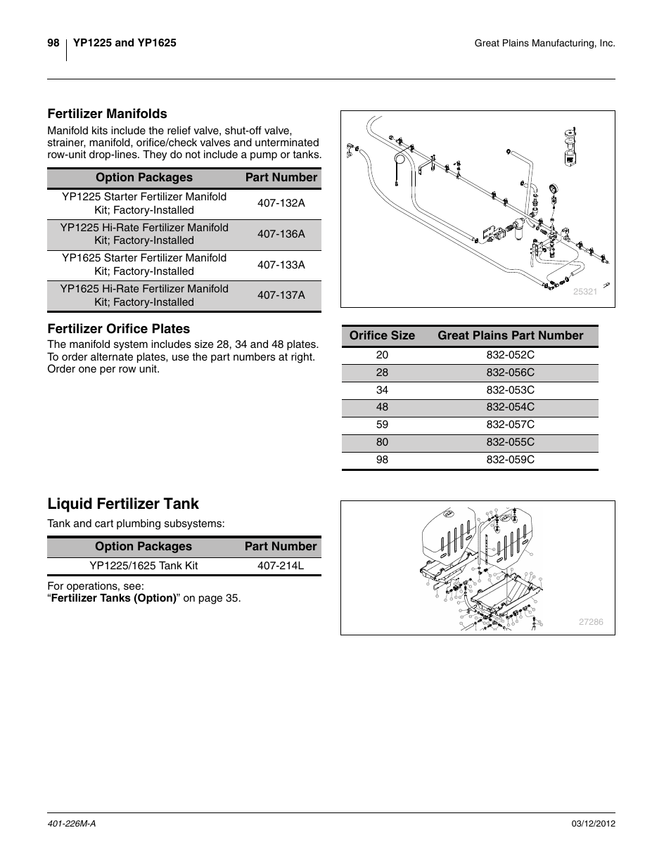 Liquid fertilizer tank, Fertilizer manifolds, Fertilizer orifice plates | Great Plains YP1625 Operator Manual User Manual | Page 102 / 150