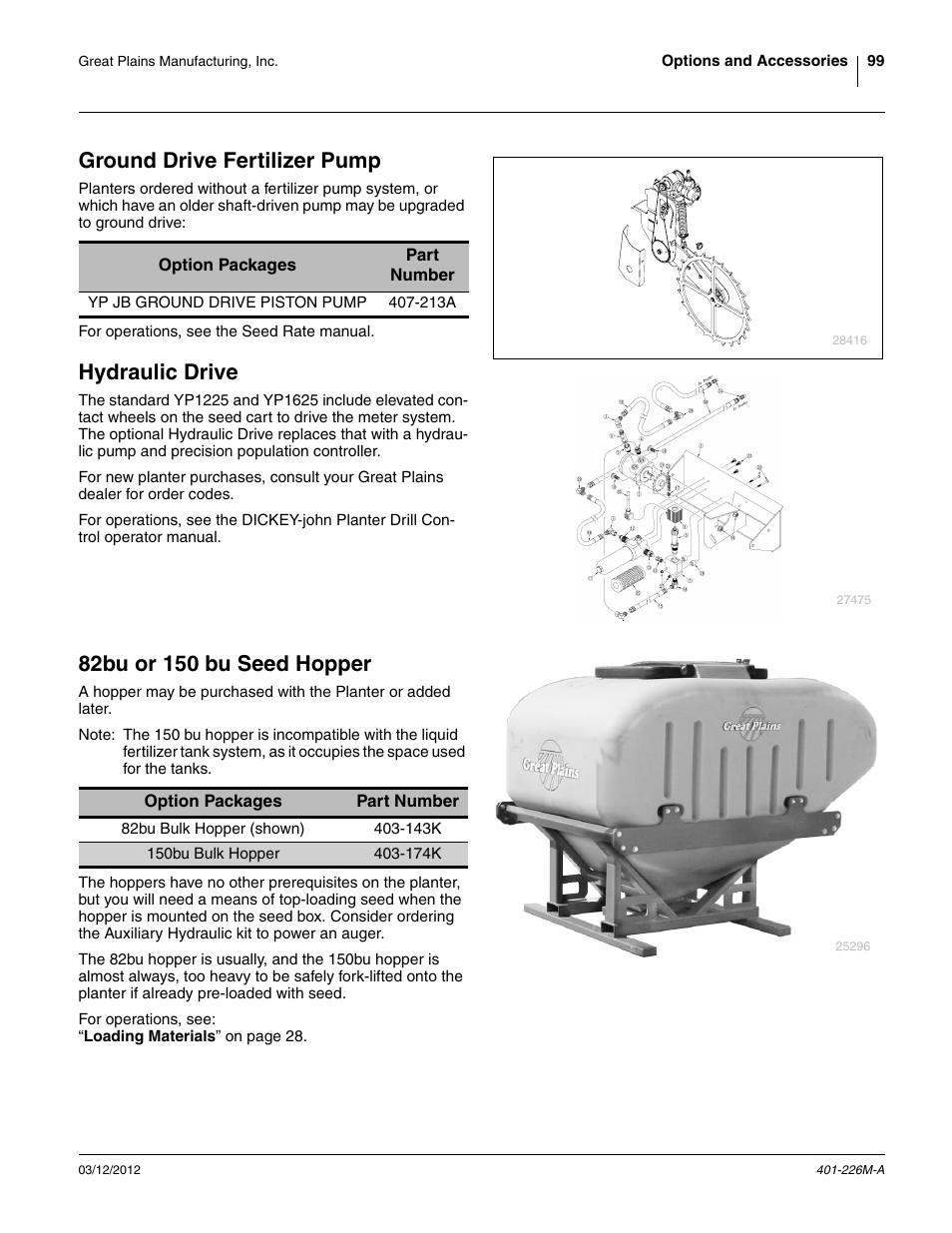 Ground drive fertilizer pump, Hydraulic drive, 82bu or 150 bu seed hopper | Great Plains YP1625 Operator Manual User Manual | Page 103 / 150