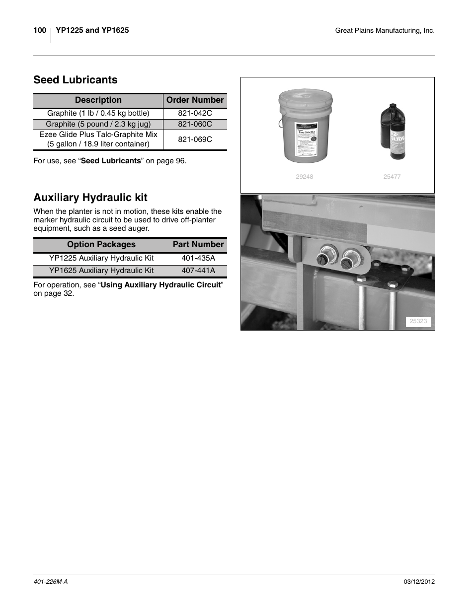 Seed lubricants, Auxiliary hydraulic kit | Great Plains YP1625 Operator Manual User Manual | Page 104 / 150