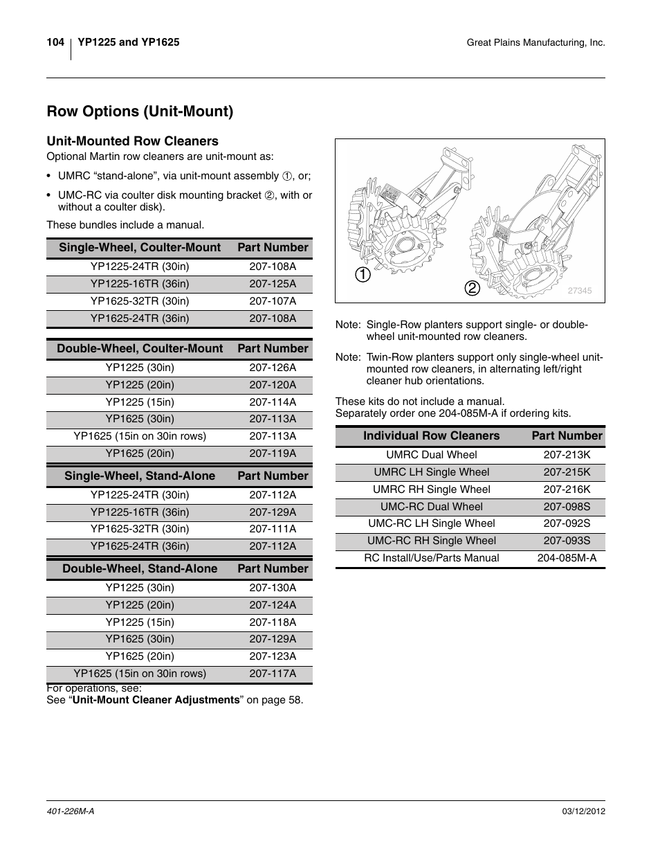 Row options (unit-mount) | Great Plains YP1625 Operator Manual User Manual | Page 108 / 150