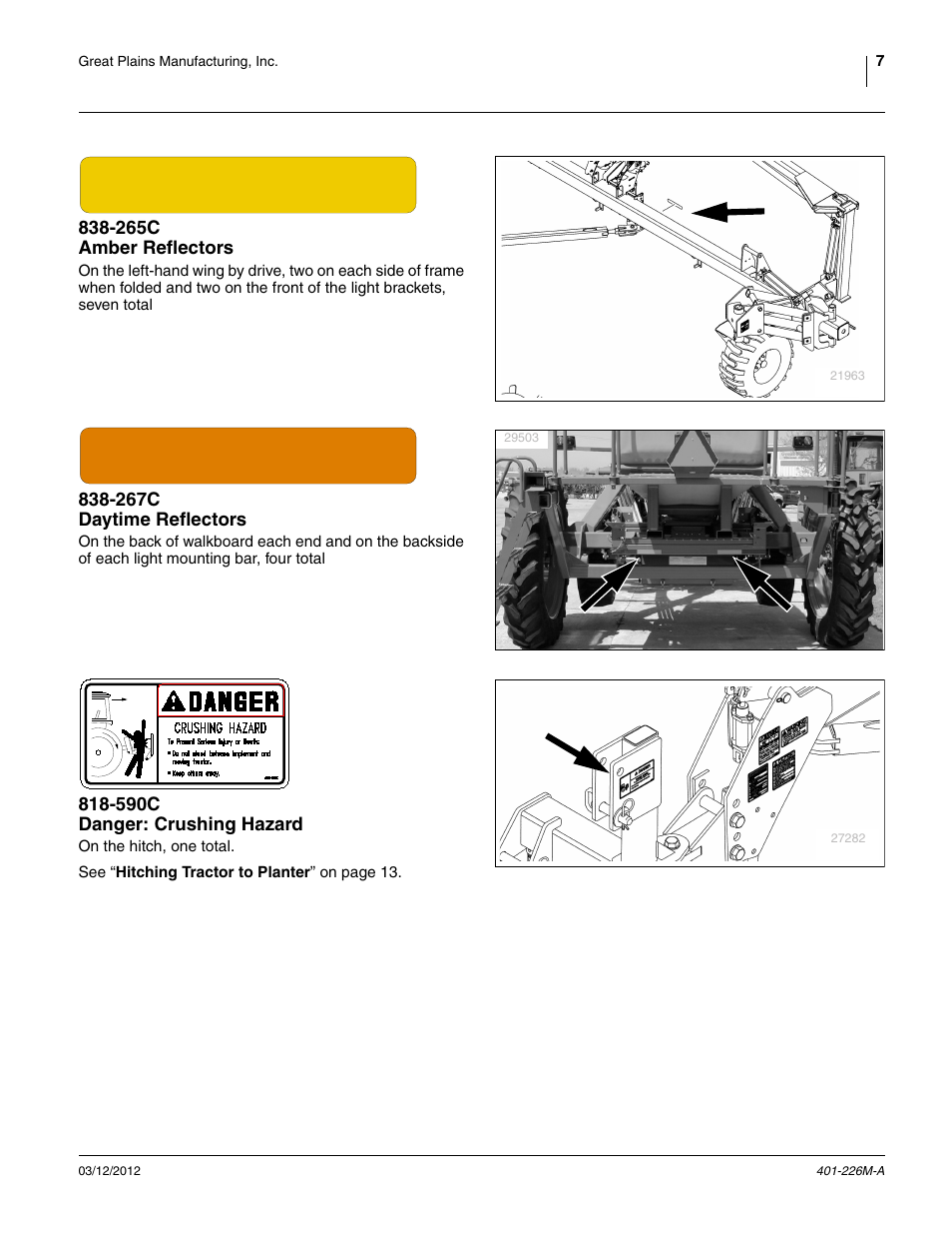 265c amber reflectors, 267c daytime reflectors, 590c danger: crushing hazard | Great Plains YP1625 Operator Manual User Manual | Page 11 / 150