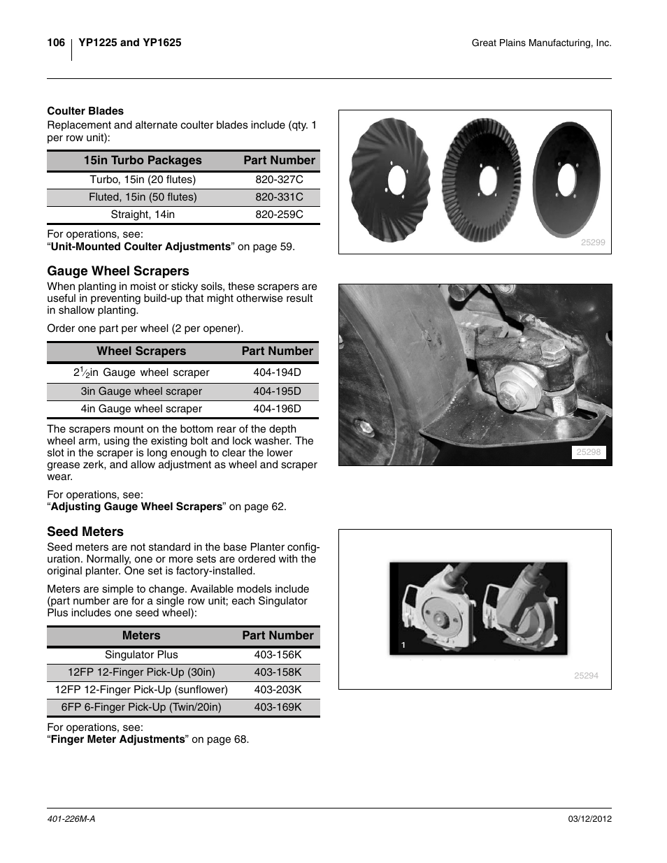 Gauge wheel scrapers, Seed meters | Great Plains YP1625 Operator Manual User Manual | Page 110 / 150