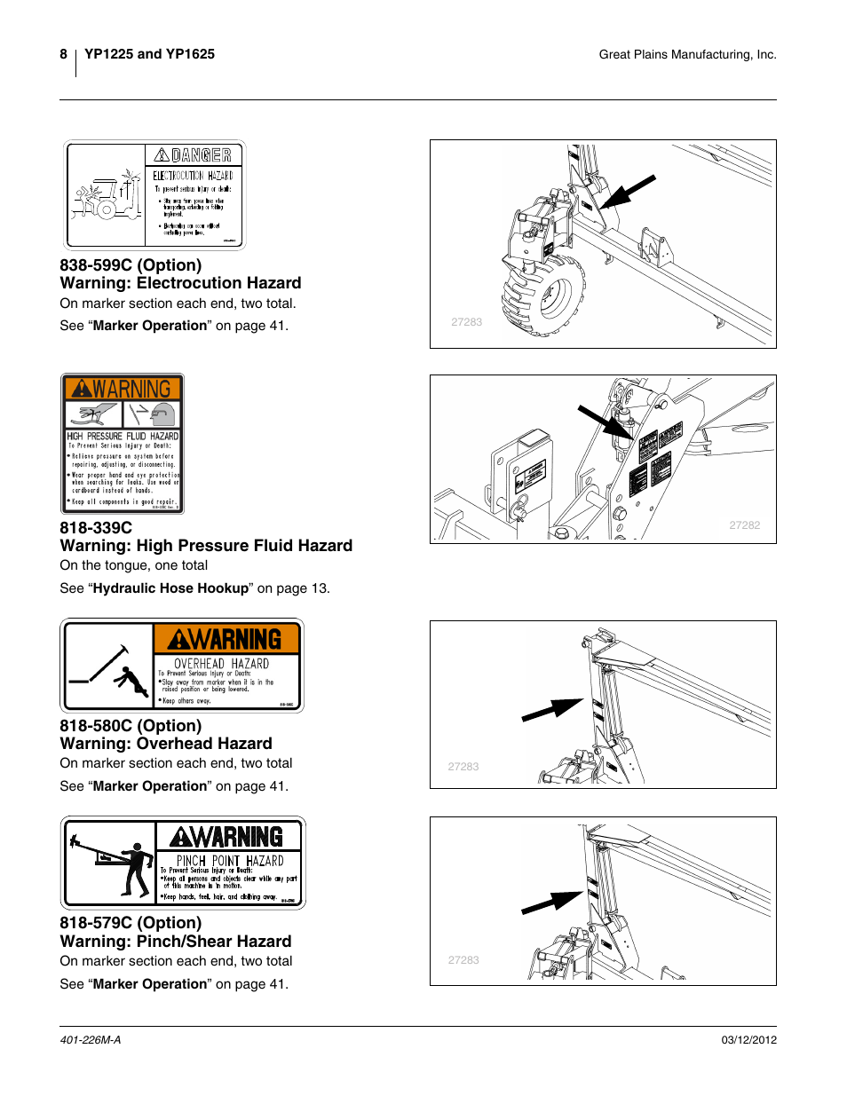 599c (option) warning: electrocution hazard, 339c warning: high pressure fluid hazard, 580c (option) warning: overhead hazard | 579c (option) warning: pinch/shear hazard | Great Plains YP1625 Operator Manual User Manual | Page 12 / 150