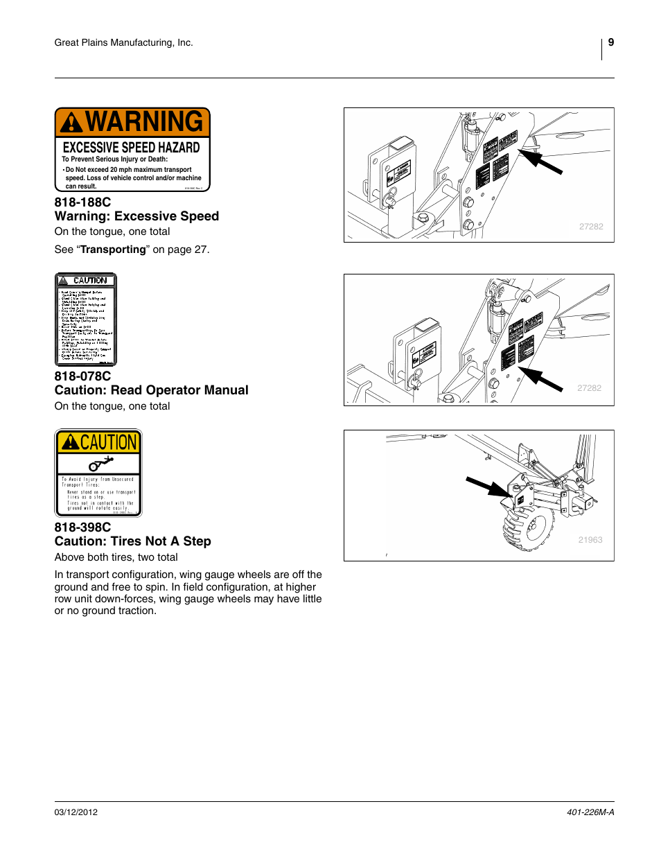 188c warning: excessive speed, 078c caution: read operator manual, 398c caution: tires not a step | Warning, Excessive speed hazard | Great Plains YP1625 Operator Manual User Manual | Page 13 / 150