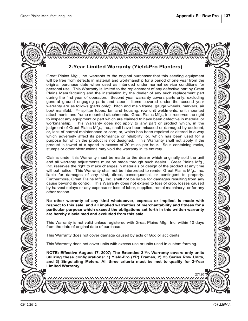 Warranty, Year limited warranty (yield-pro planters) | Great Plains YP1625 Operator Manual User Manual | Page 141 / 150