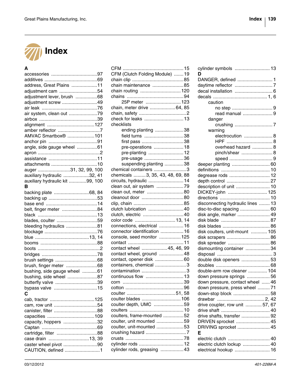 Index | Great Plains YP1625 Operator Manual User Manual | Page 143 / 150