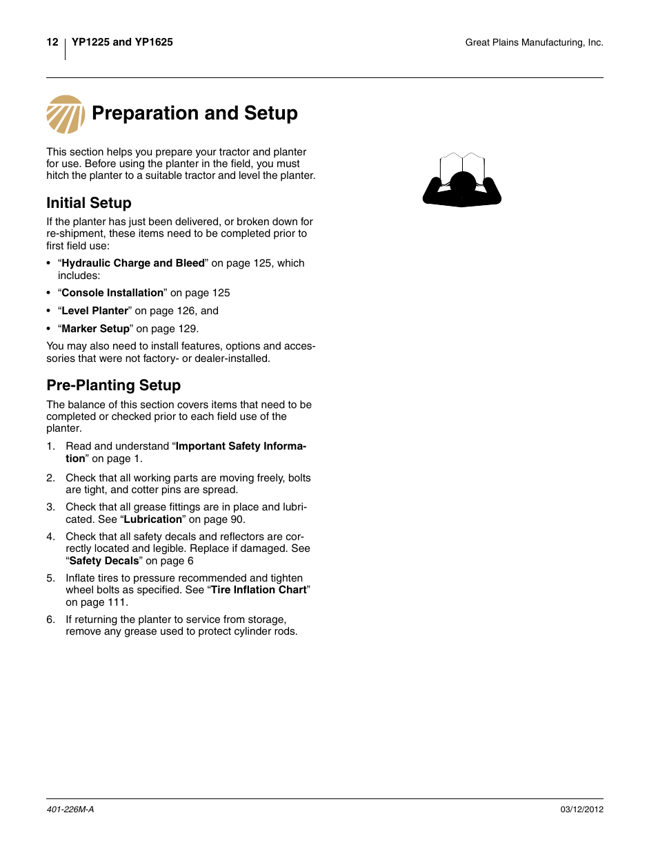 Preparation and setup, Initial setup, Pre-planting setup | Great Plains YP1625 Operator Manual User Manual | Page 16 / 150