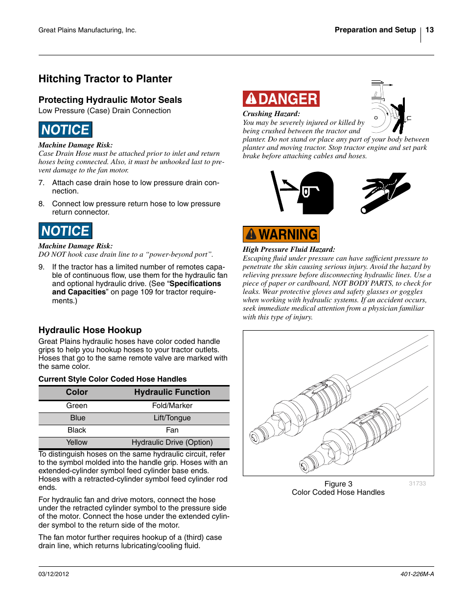 Hitching tractor to planter, Protecting hydraulic motor seals, Hydraulic hose hookup | Great Plains YP1625 Operator Manual User Manual | Page 17 / 150