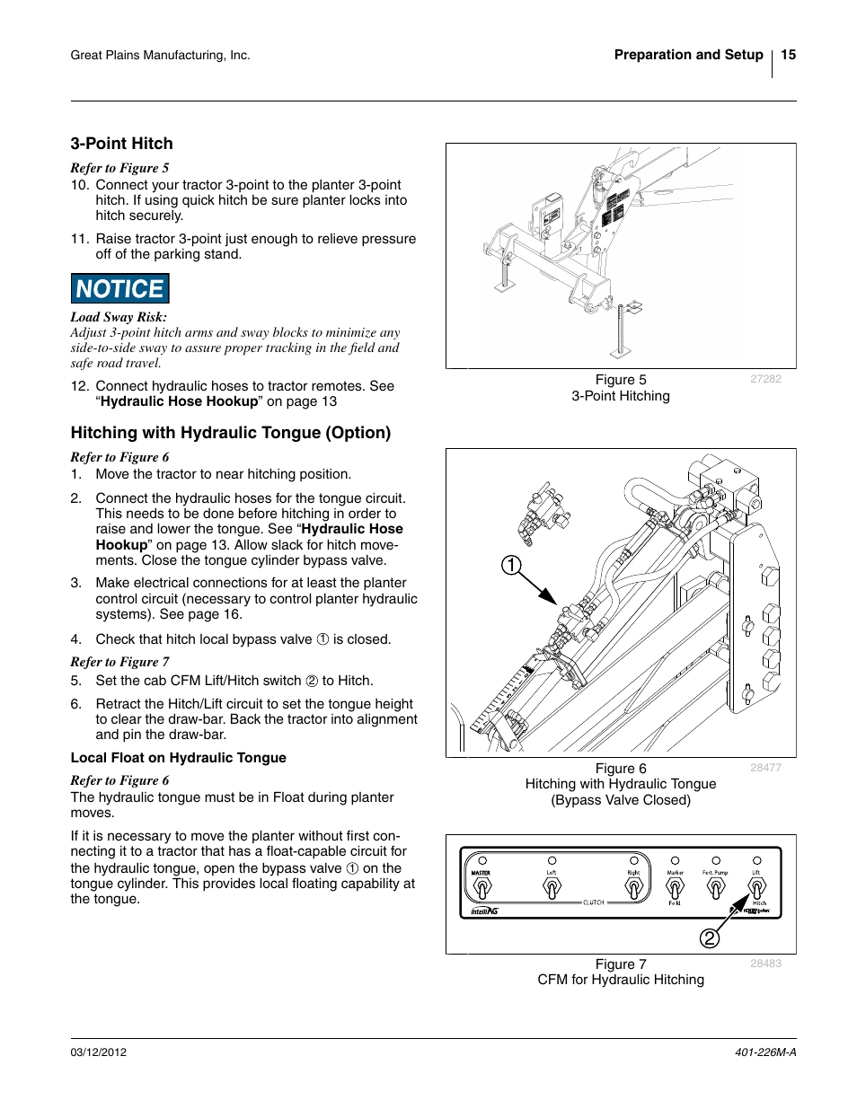 Point hitch, Hitching with hydraulic tongue (option), Local float on hydraulic tongue | Great Plains YP1625 Operator Manual User Manual | Page 19 / 150