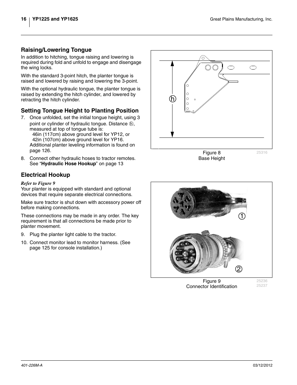 Raising/lowering tongue, Setting tongue height to planting position, Electrical hookup | Great Plains YP1625 Operator Manual User Manual | Page 20 / 150