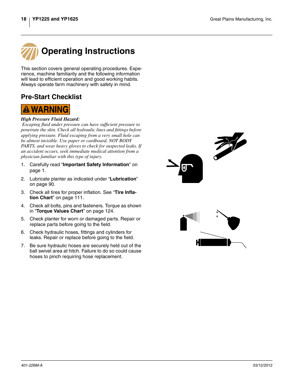 Operating instructions, Pre-start checklist, Operating instructions pre-start checklist | Great Plains YP1625 Operator Manual User Manual | Page 22 / 150