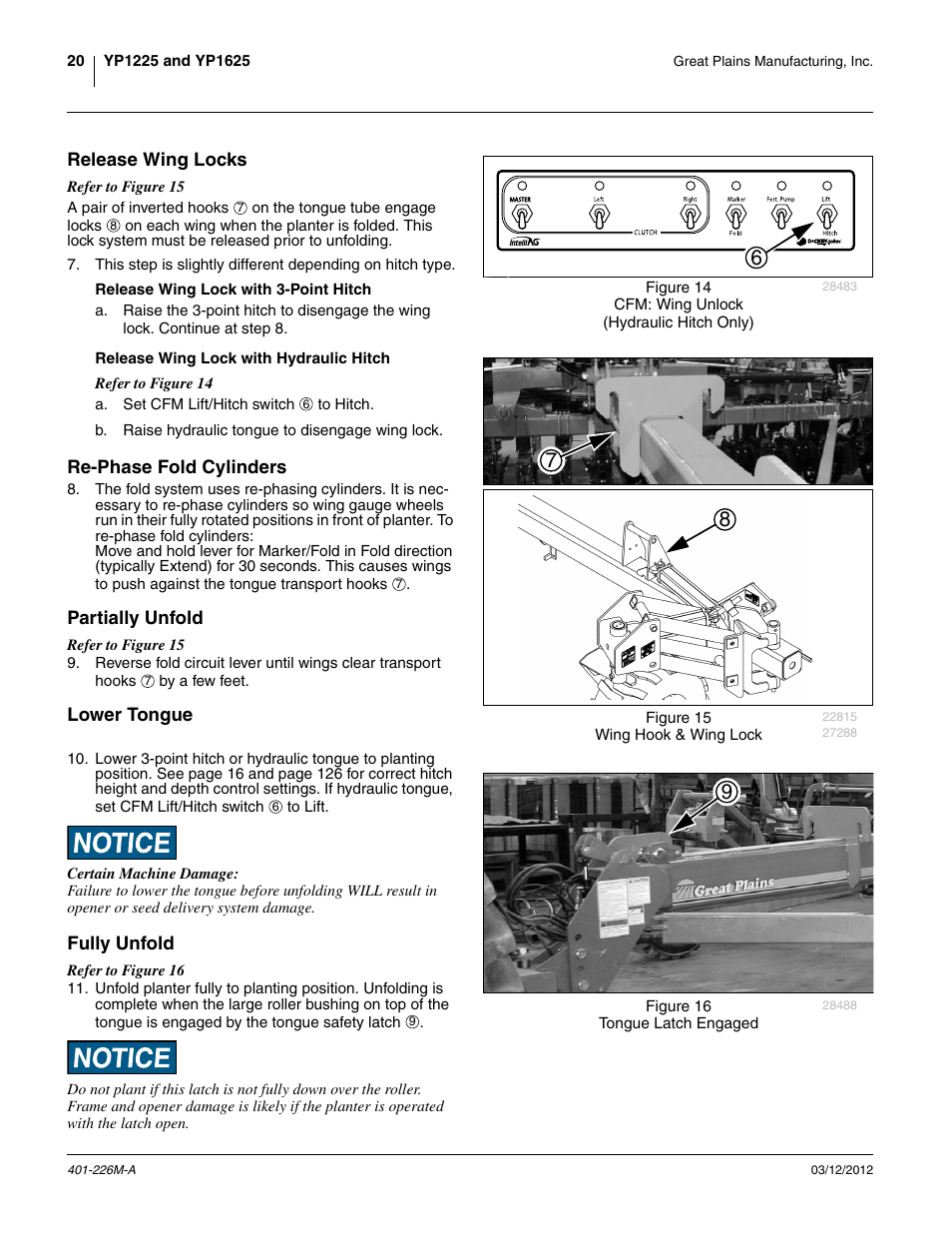 Release wing locks, Release wing lock with 3-point hitch, Release wing lock with hydraulic hitch | Re-phase fold cylinders, Partially unfold, Lower tongue, Fully unfold | Great Plains YP1625 Operator Manual User Manual | Page 24 / 150