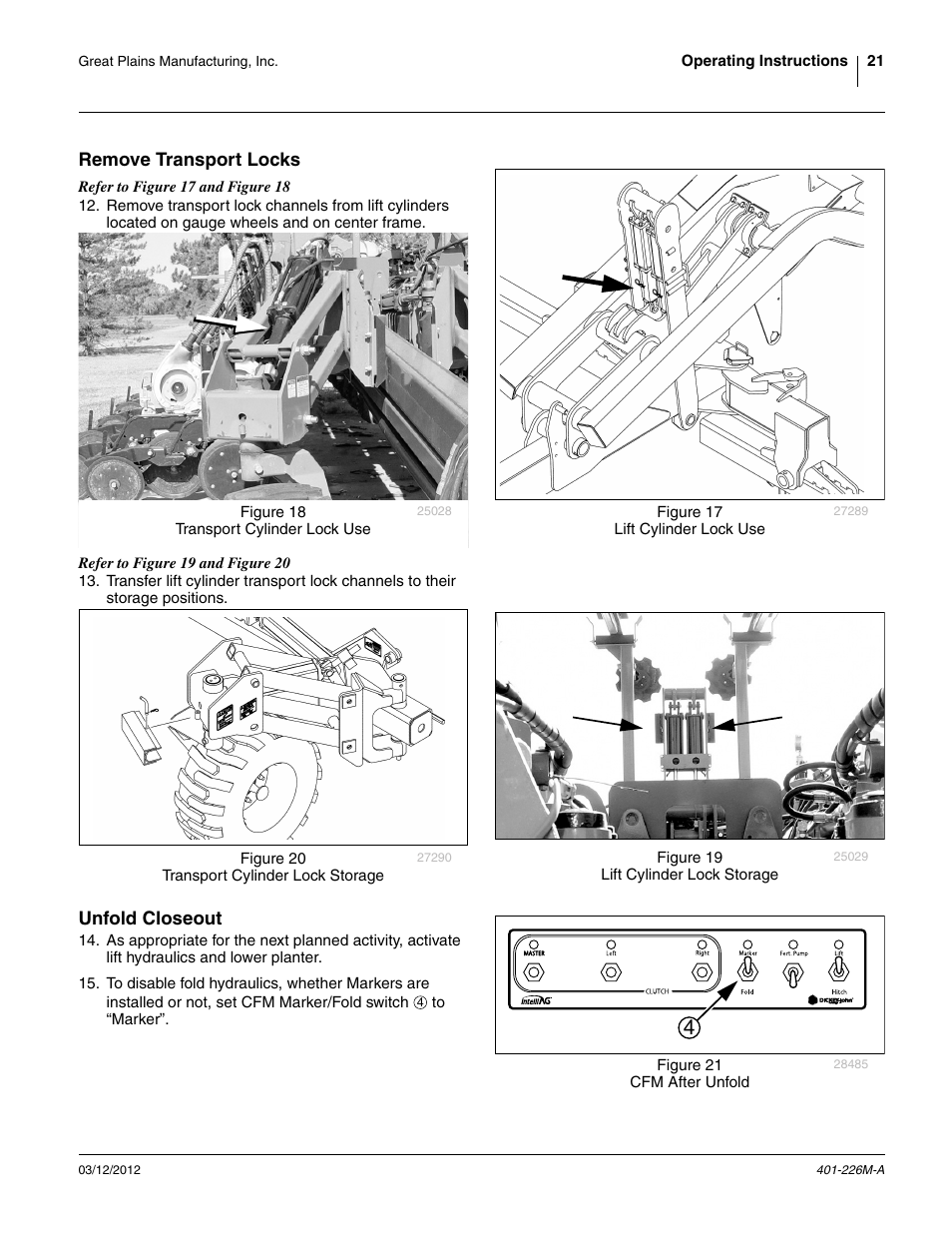Remove transport locks, Unfold closeout, Remove transport locks unfold closeout | Great Plains YP1625 Operator Manual User Manual | Page 25 / 150