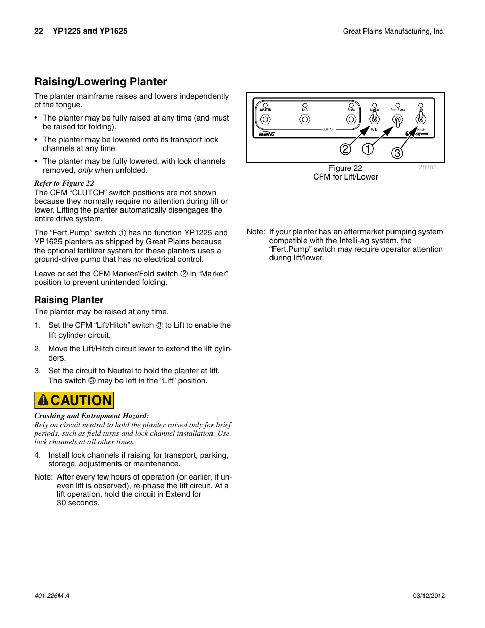 Raising/lowering planter, Raising planter | Great Plains YP1625 Operator Manual User Manual | Page 26 / 150