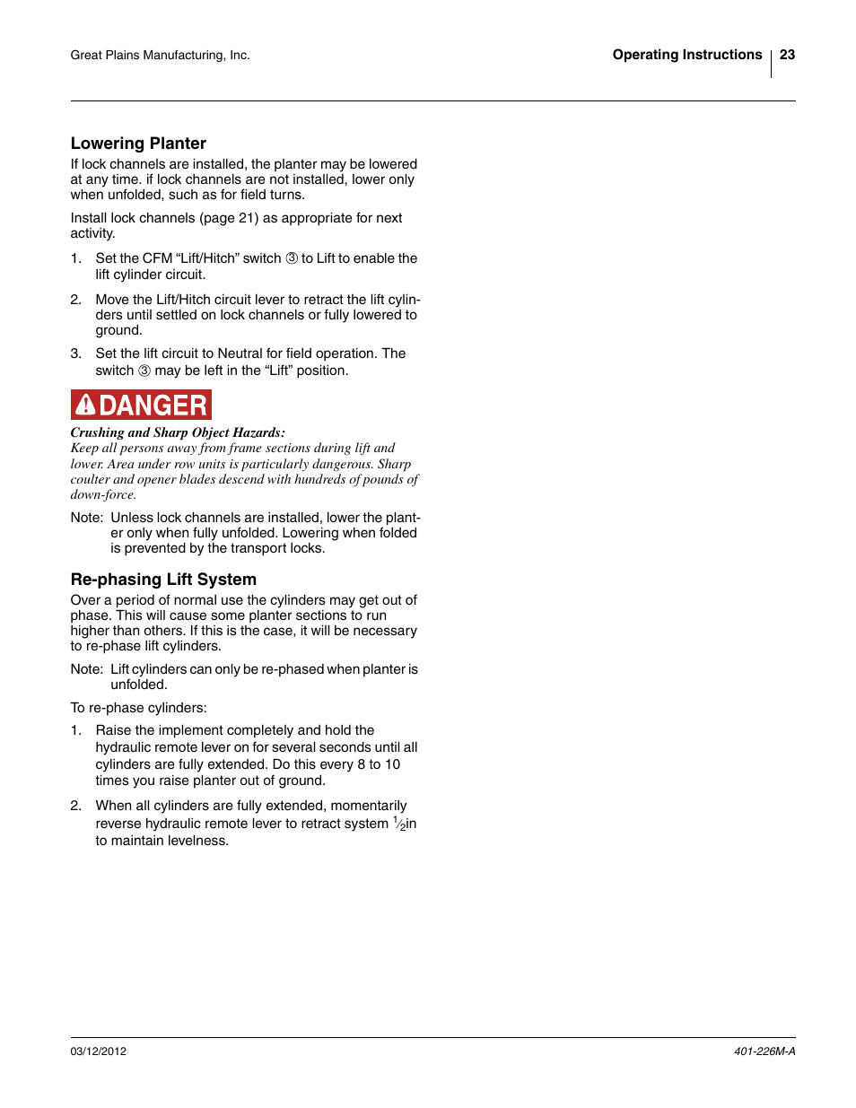 Lowering planter, Re-phasing lift system, Lowering planter re-phasing lift system | Great Plains YP1625 Operator Manual User Manual | Page 27 / 150