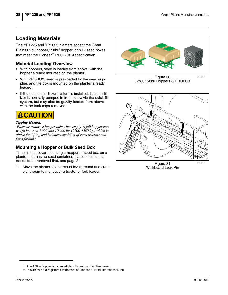 Loading materials, Material loading overview, Mounting a hopper or bulk seed box | Great Plains YP1625 Operator Manual User Manual | Page 32 / 150