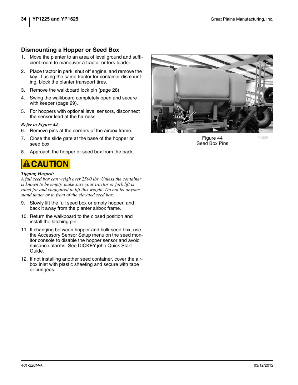 Dismounting a hopper or seed box | Great Plains YP1625 Operator Manual User Manual | Page 38 / 150