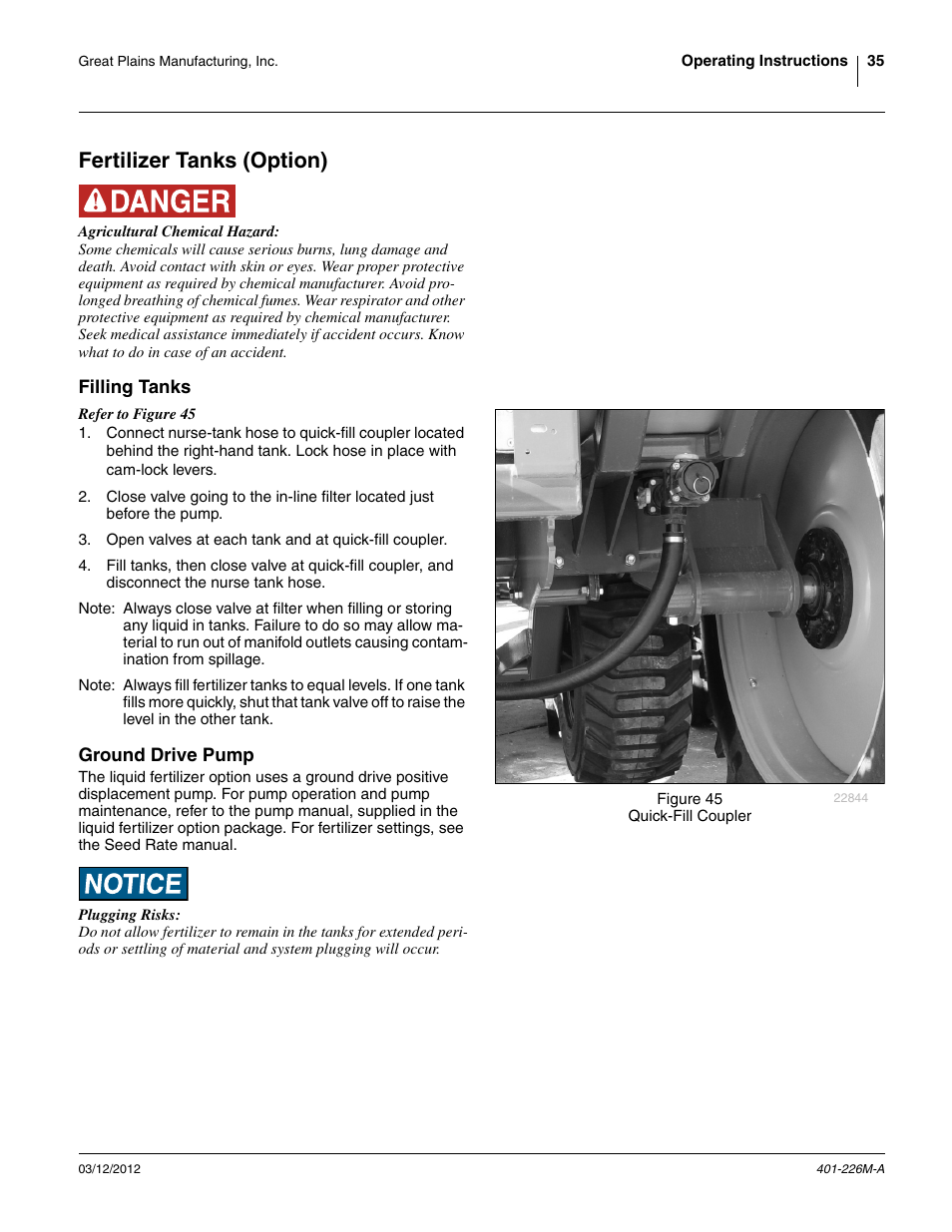 Fertilizer tanks (option), Filling tanks, Ground drive pump | Filling tanks ground drive pump | Great Plains YP1625 Operator Manual User Manual | Page 39 / 150
