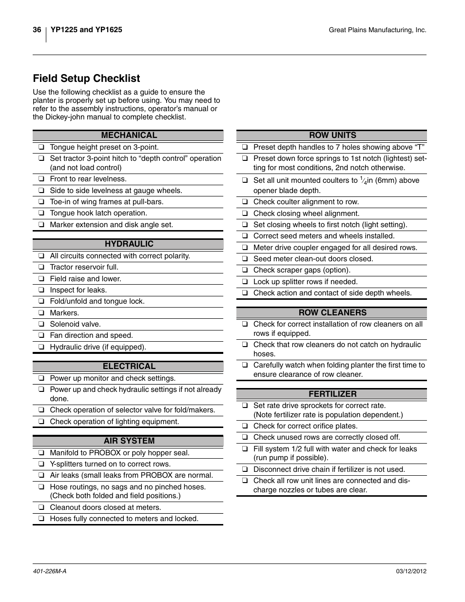Field setup checklist | Great Plains YP1625 Operator Manual User Manual | Page 40 / 150