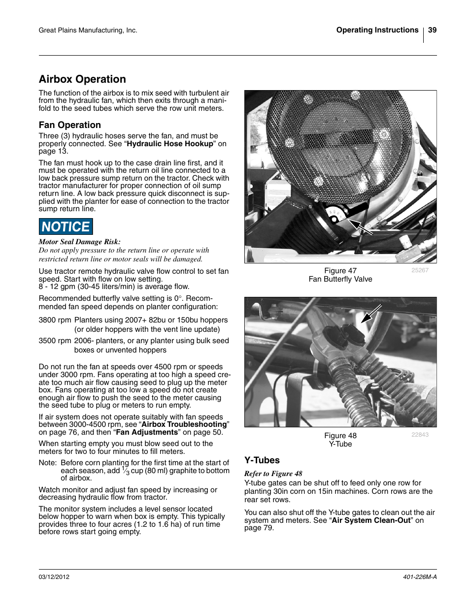 Airbox operation, Fan operation, Y-tubes | Fan operation y-tubes | Great Plains YP1625 Operator Manual User Manual | Page 43 / 150