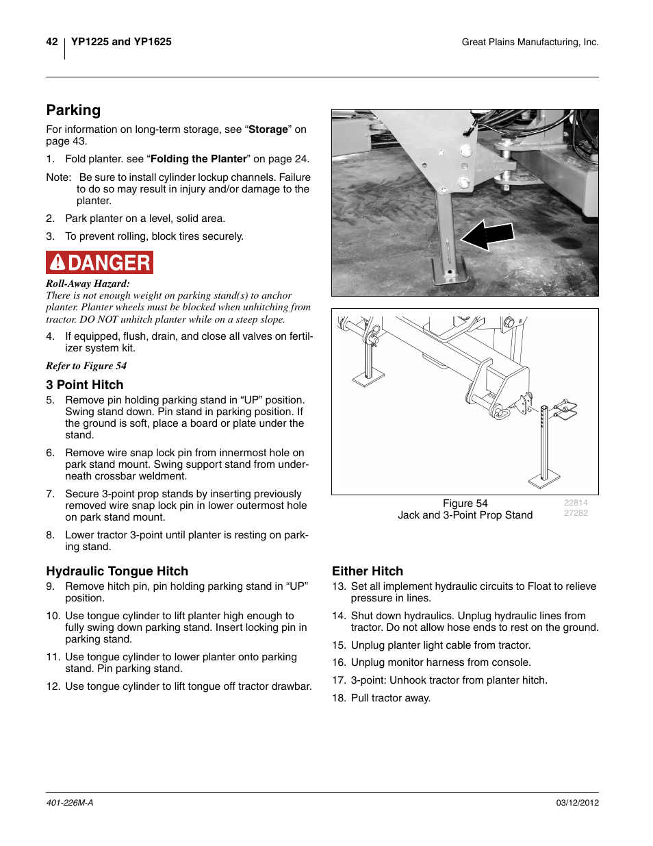 Parking, 3 point hitch | Great Plains YP1625 Operator Manual User Manual | Page 46 / 150