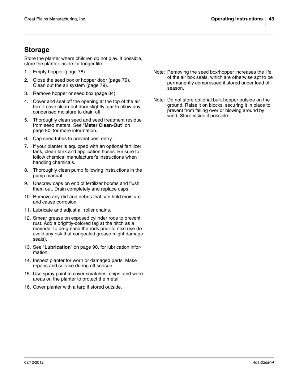 Storage | Great Plains YP1625 Operator Manual User Manual | Page 47 / 150