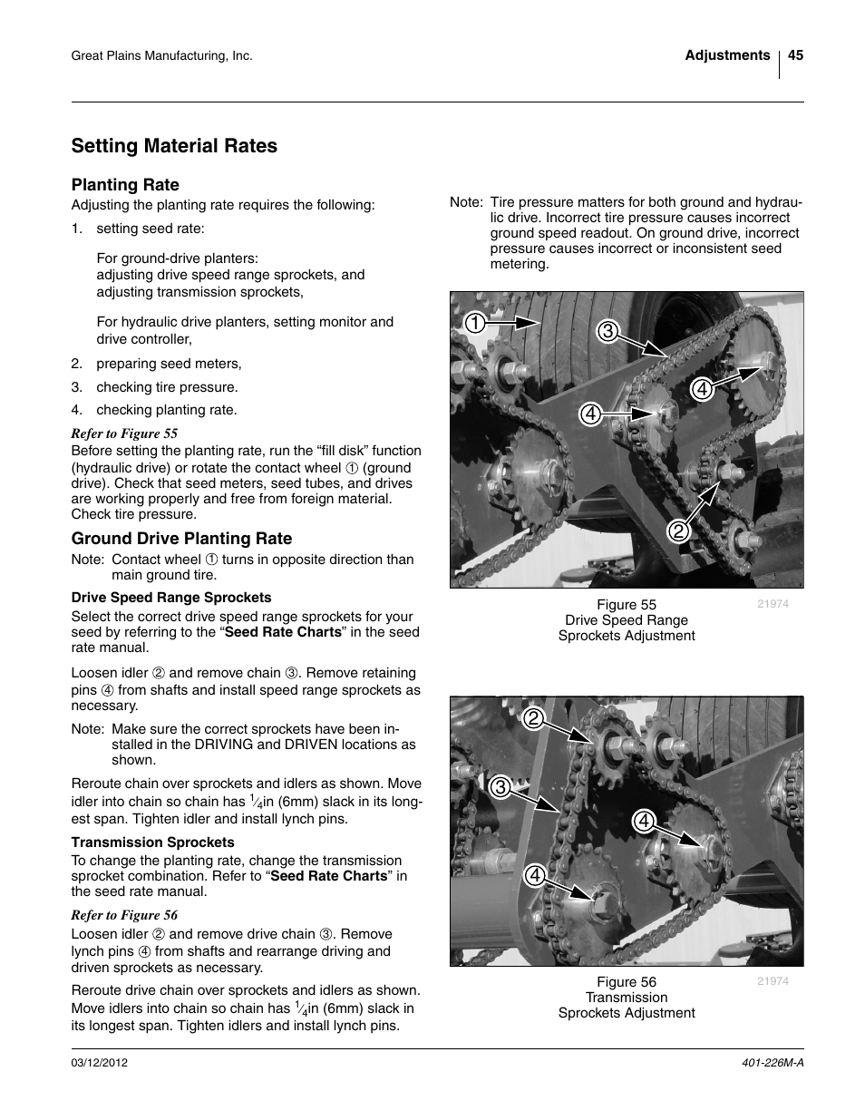 Setting material rates, Planting rate, Ground drive planting rate | Drive speed range sprockets, Transmission sprockets | Great Plains YP1625 Operator Manual User Manual | Page 49 / 150