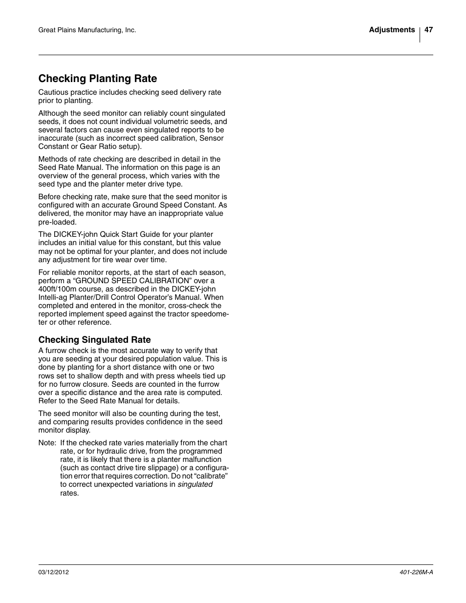 Checking planting rate, Checking singulated rate | Great Plains YP1625 Operator Manual User Manual | Page 51 / 150