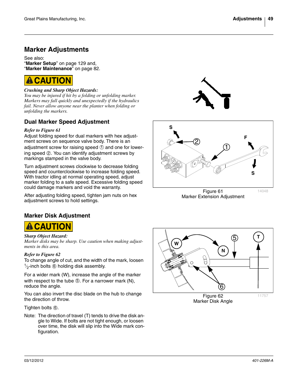 Marker adjustments, Dual marker speed adjustment, Marker disk adjustment | Great Plains YP1625 Operator Manual User Manual | Page 53 / 150